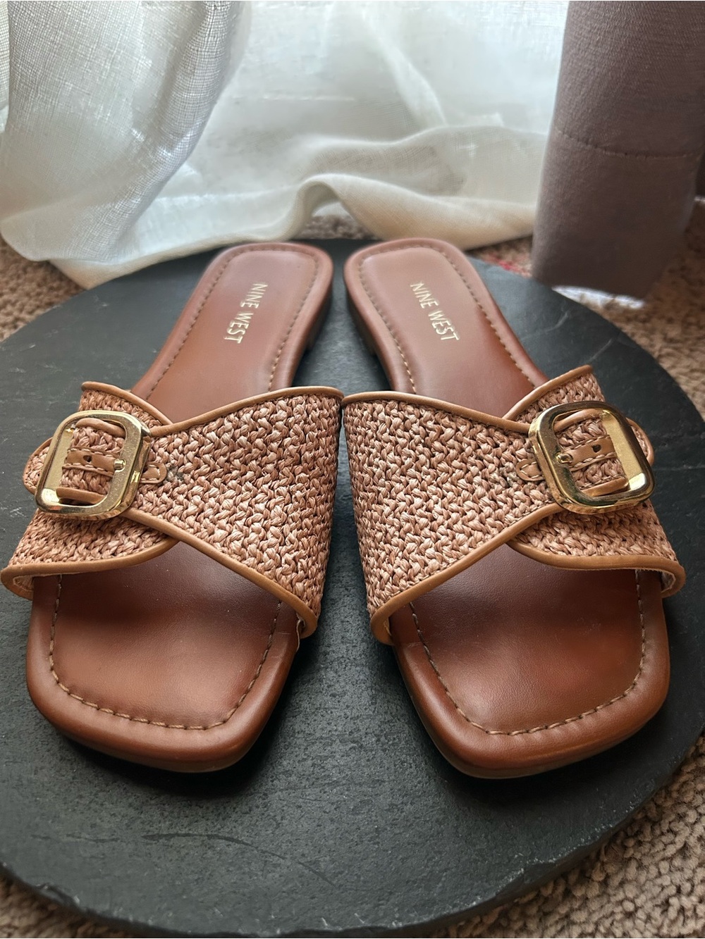 Nine West Brown Woven Slide Sandals with Gold Buckle